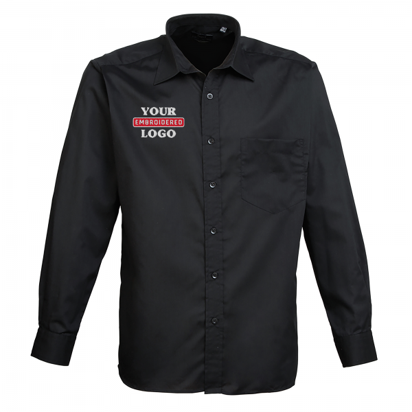 Mens Long Sleeve Black Poplin Shirt with your Embroidered Logo from My Icon Branding Colchester
